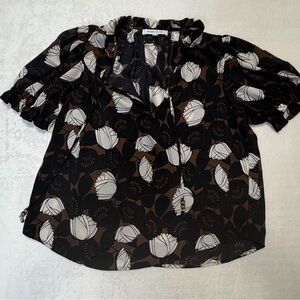ROSE + OLIVE Brown Black Floral Blouse Puff Sleeve Size S